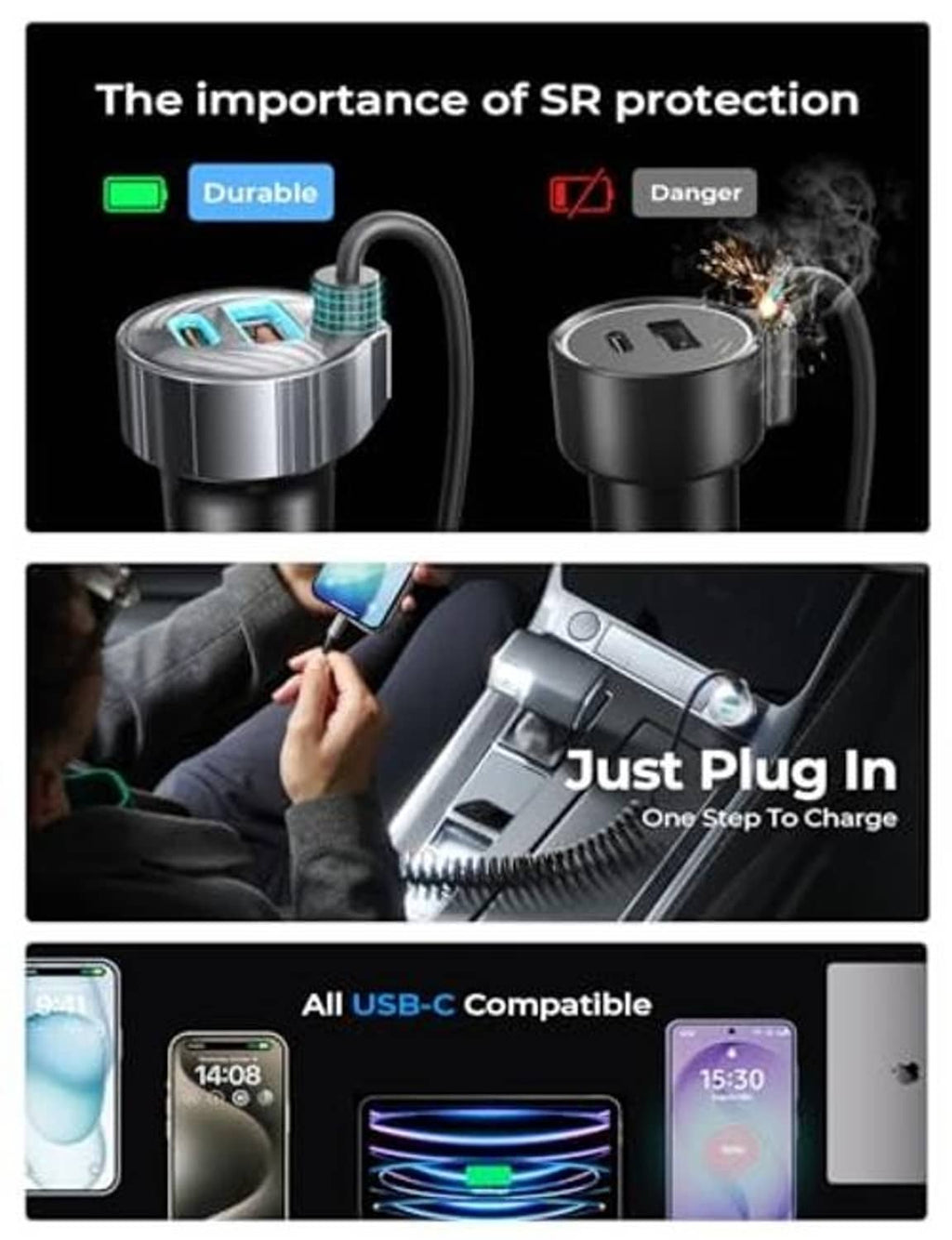 Black car charger with integrated USB ports and coiled cable for in-car charging