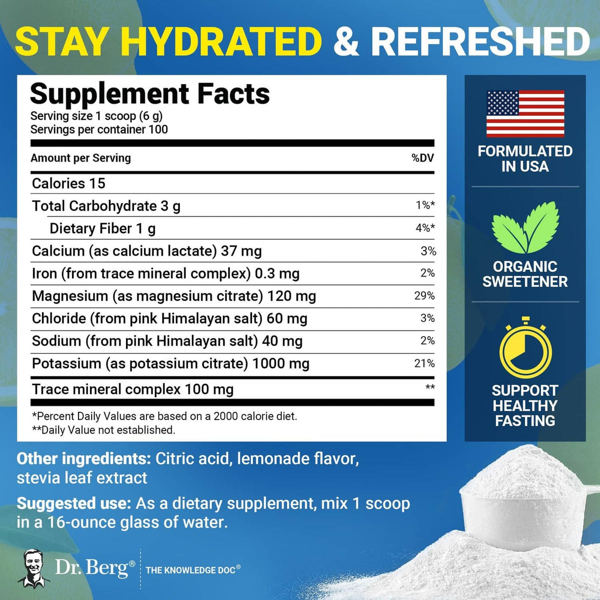 Dr. Berg Electrolyte Powder Lemonade Supplement Facts panel on blue-and-white jar