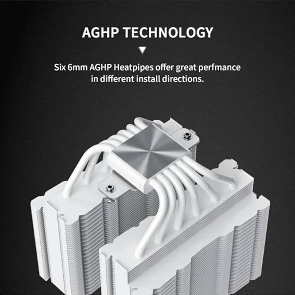 White CPU air cooler with heatpipe array and stacked fin heatsink for airflow