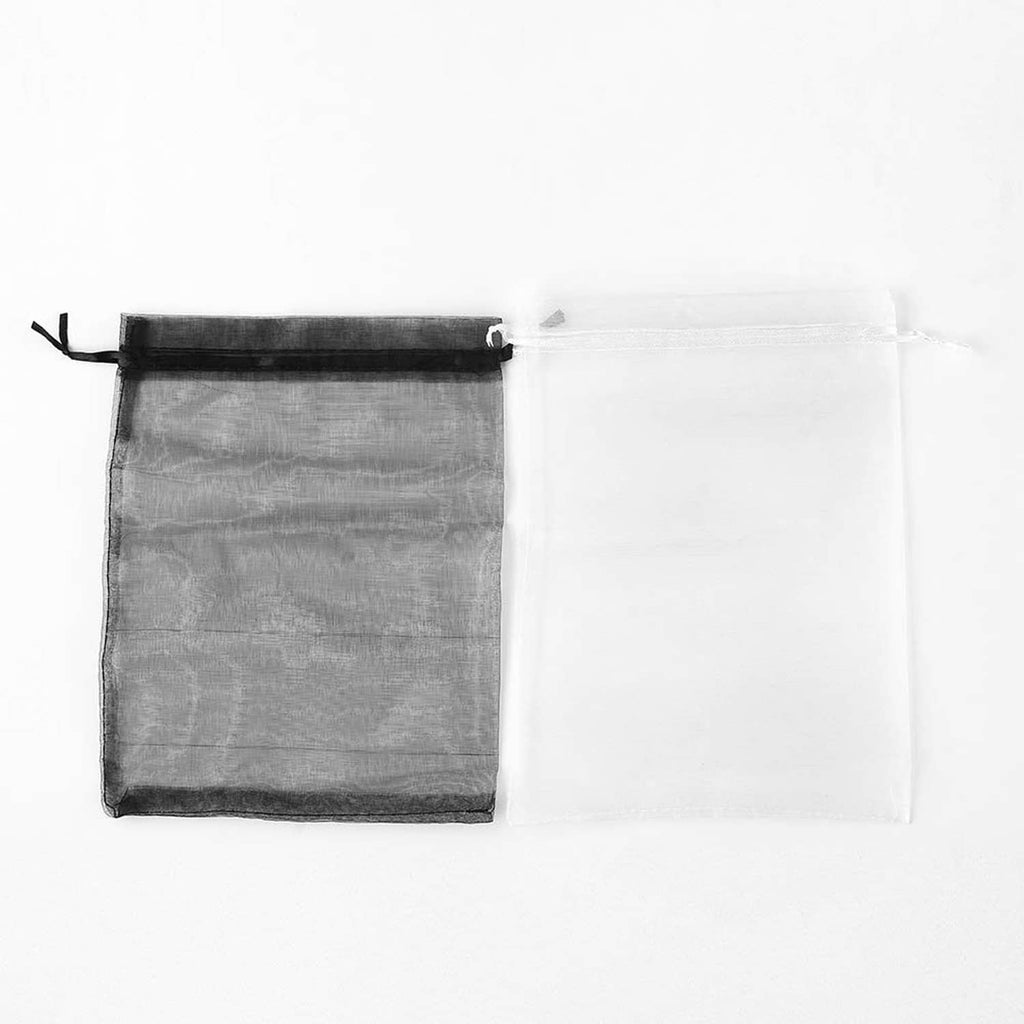 Black drawstring storage pouch with clear inner sleeve