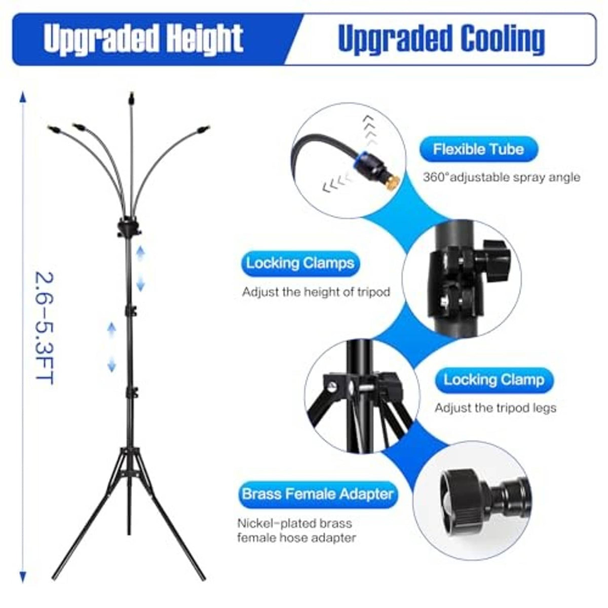Adjustable-height misting stand with tripod base, flexible tube, and locking clamps