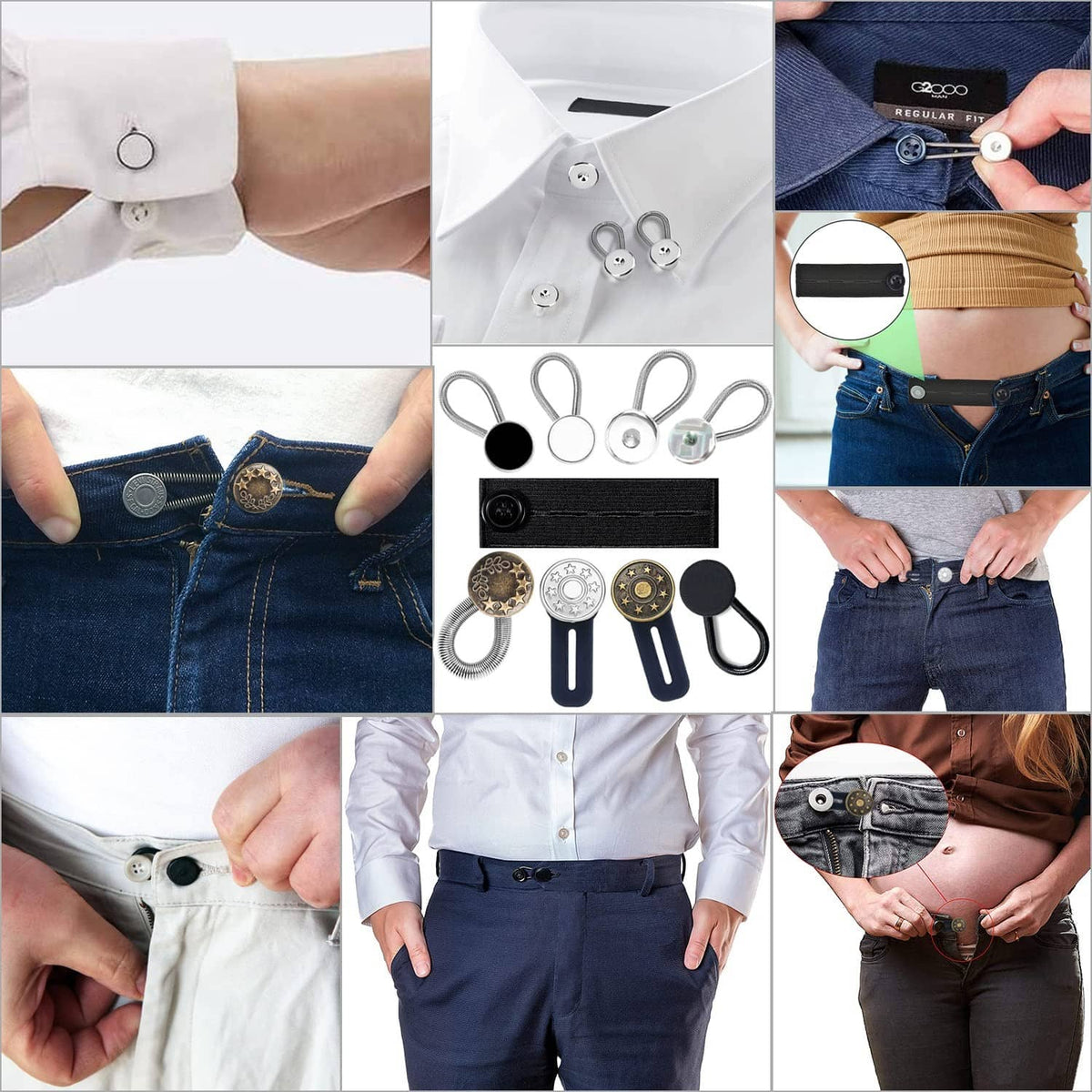 Waist extender set shown on pants and shirts, blue, black, white, and gold clips