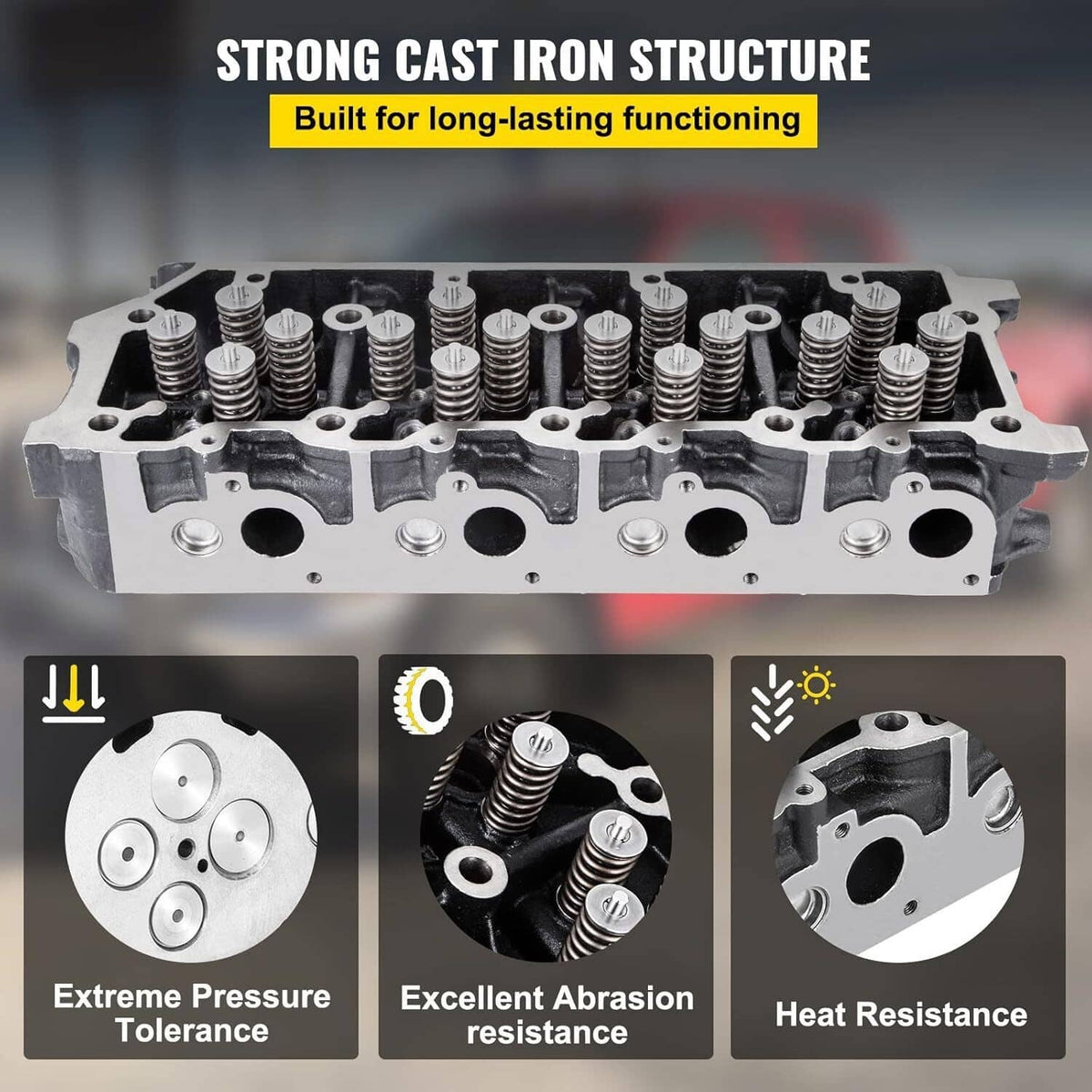 Engine cylinder head with valve springs on top, strong cast metal look, silver-gray.