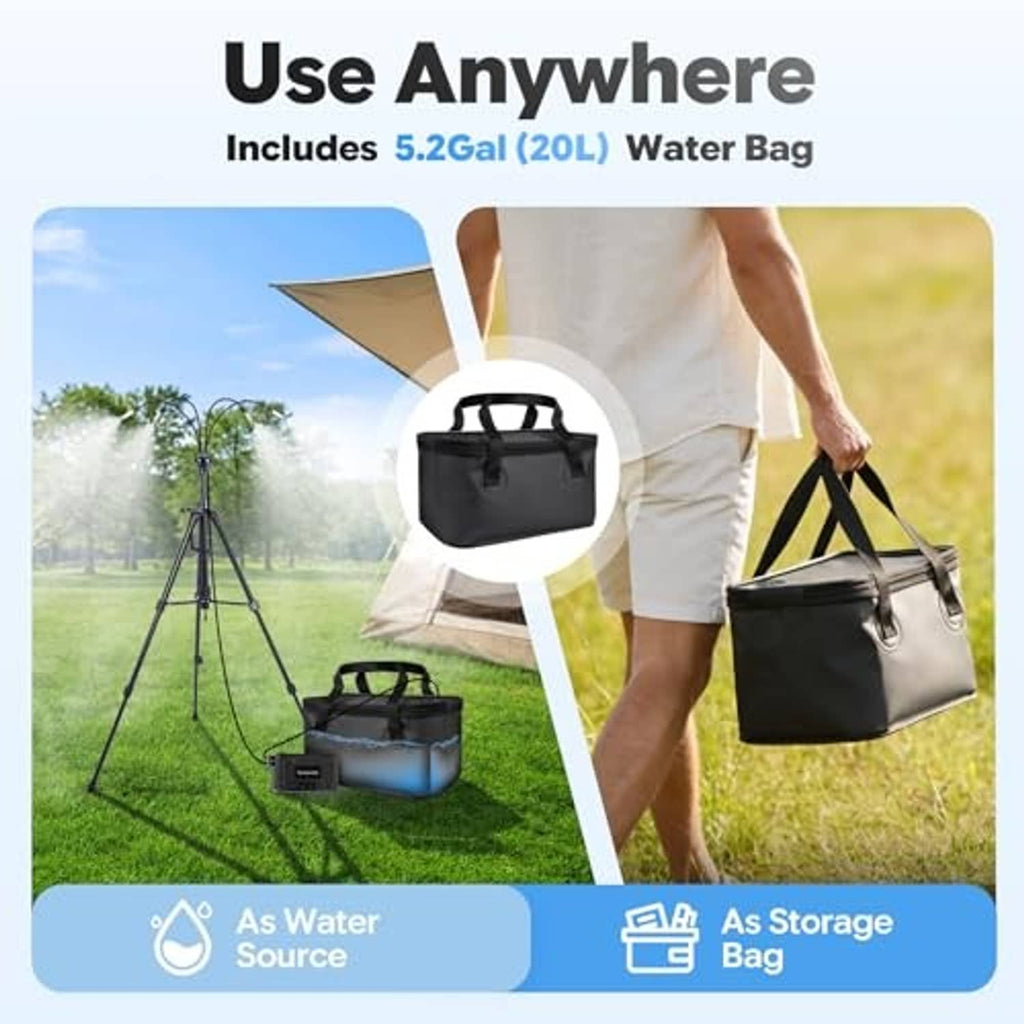 Black tote-style water bag for misting system storage with pump unit
