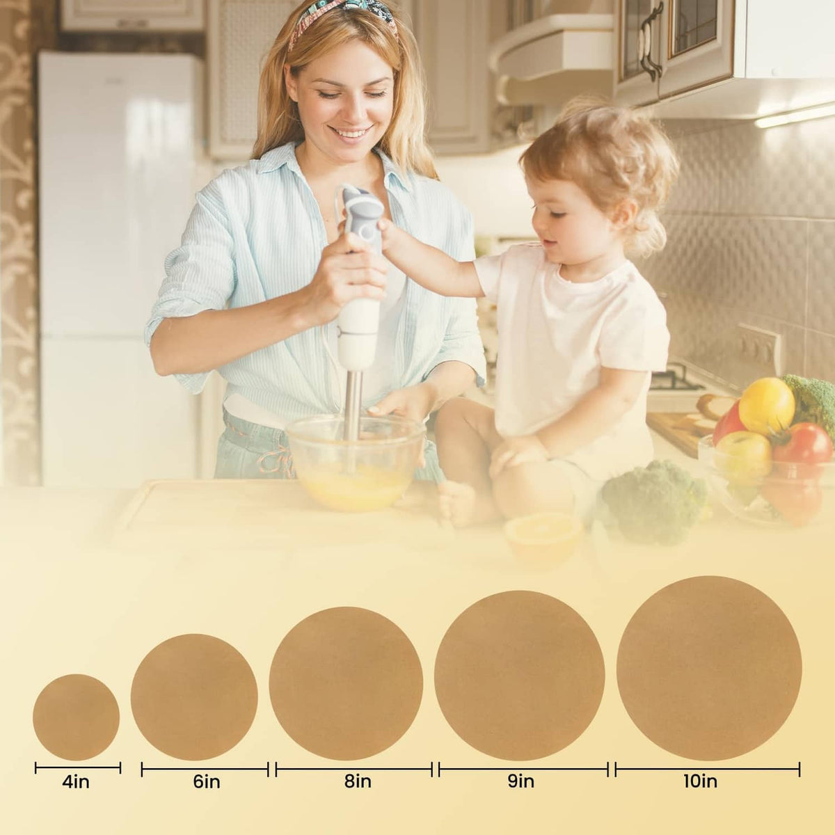 Brown unbleached parchment paper rounds with size scale from 4 to 10 inches