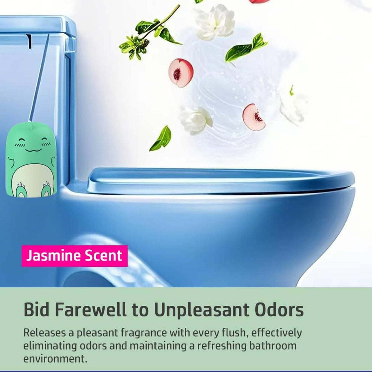 Mint dinosaur toilet cleaner bottle beside blue toilet bowl with water splash