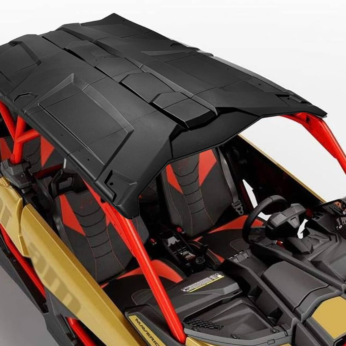 Black molded plastic roof panel with vents and ribbed texture, close-up angle