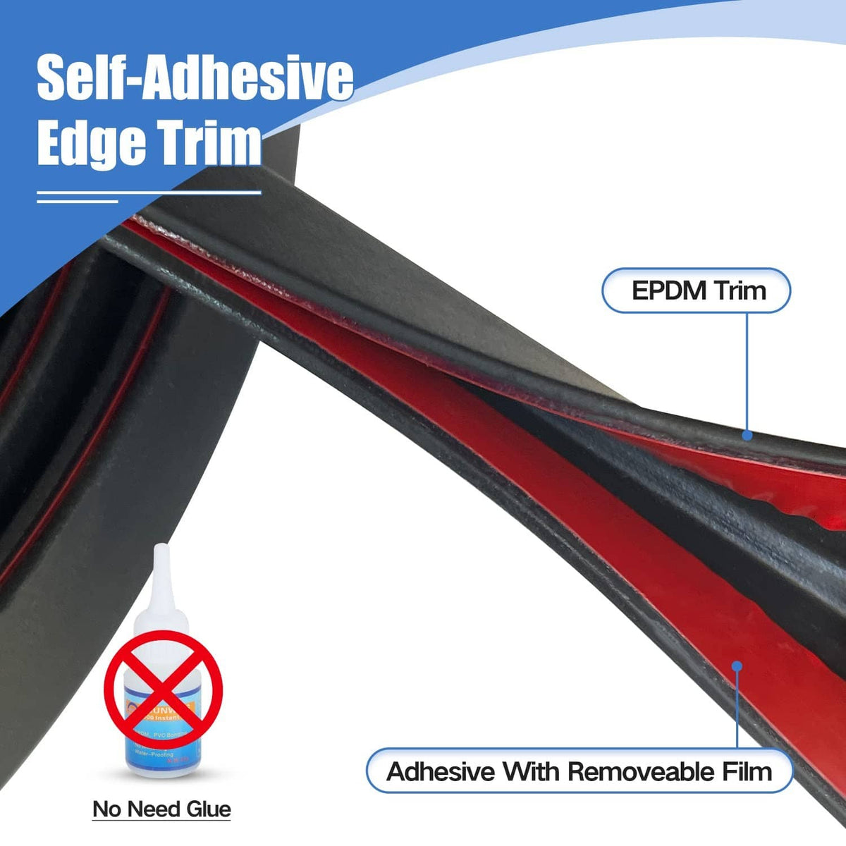 Black self-adhesive rubber edge trim with red inner strip and protective backing film
