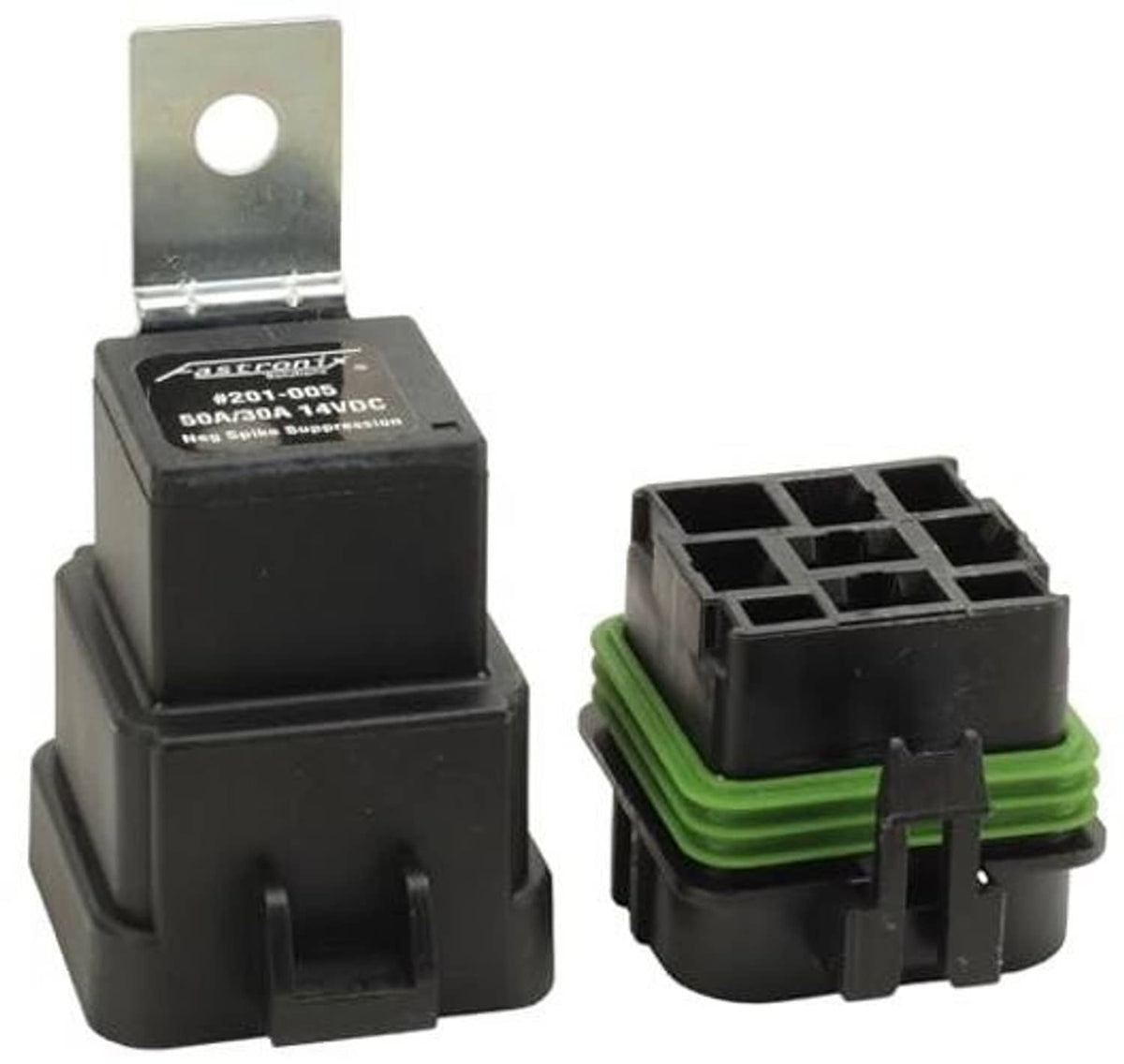 Automotive relay and socket kit showing black housing, green seals, and red protective cap