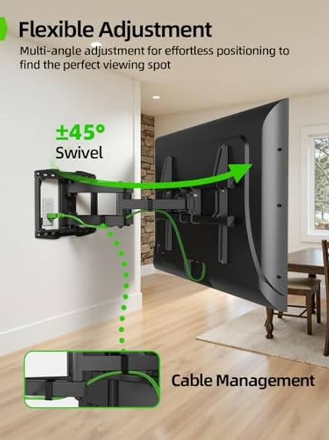 Full motion TV wall mount extending and swiveling for angled viewing