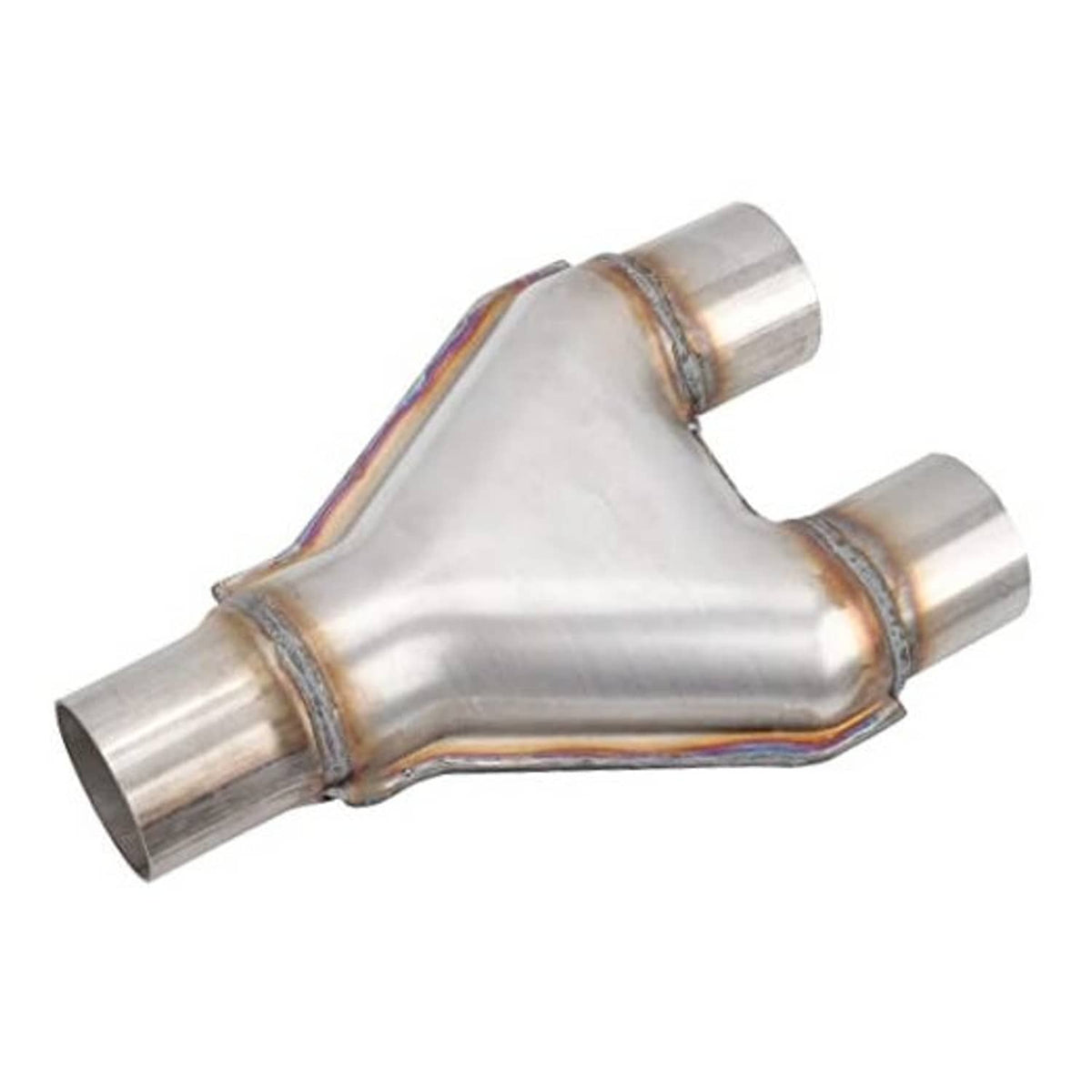 Stainless steel Y-pipe exhaust connector, single-to-dual 2.5 in and 2.25 in