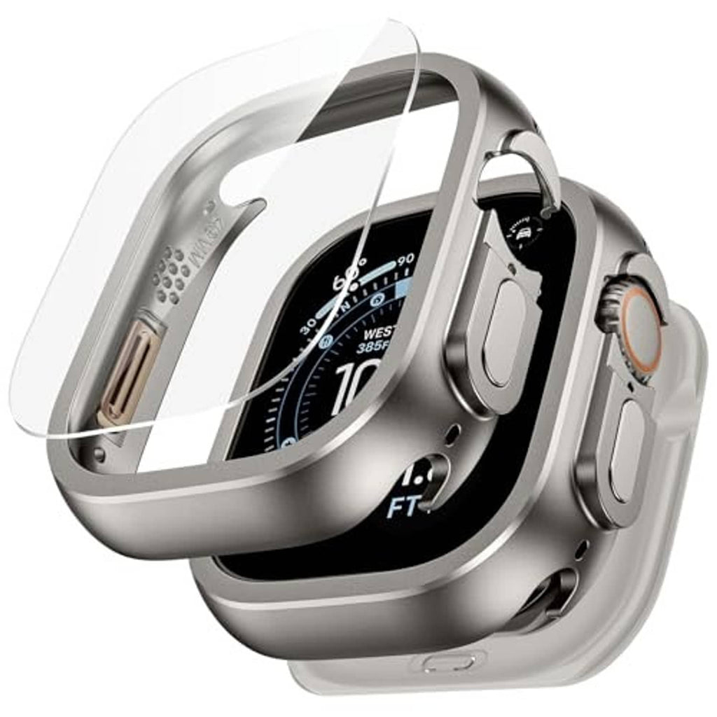 Anti-crack metal watch case with clear screen protector, silver frame close-up