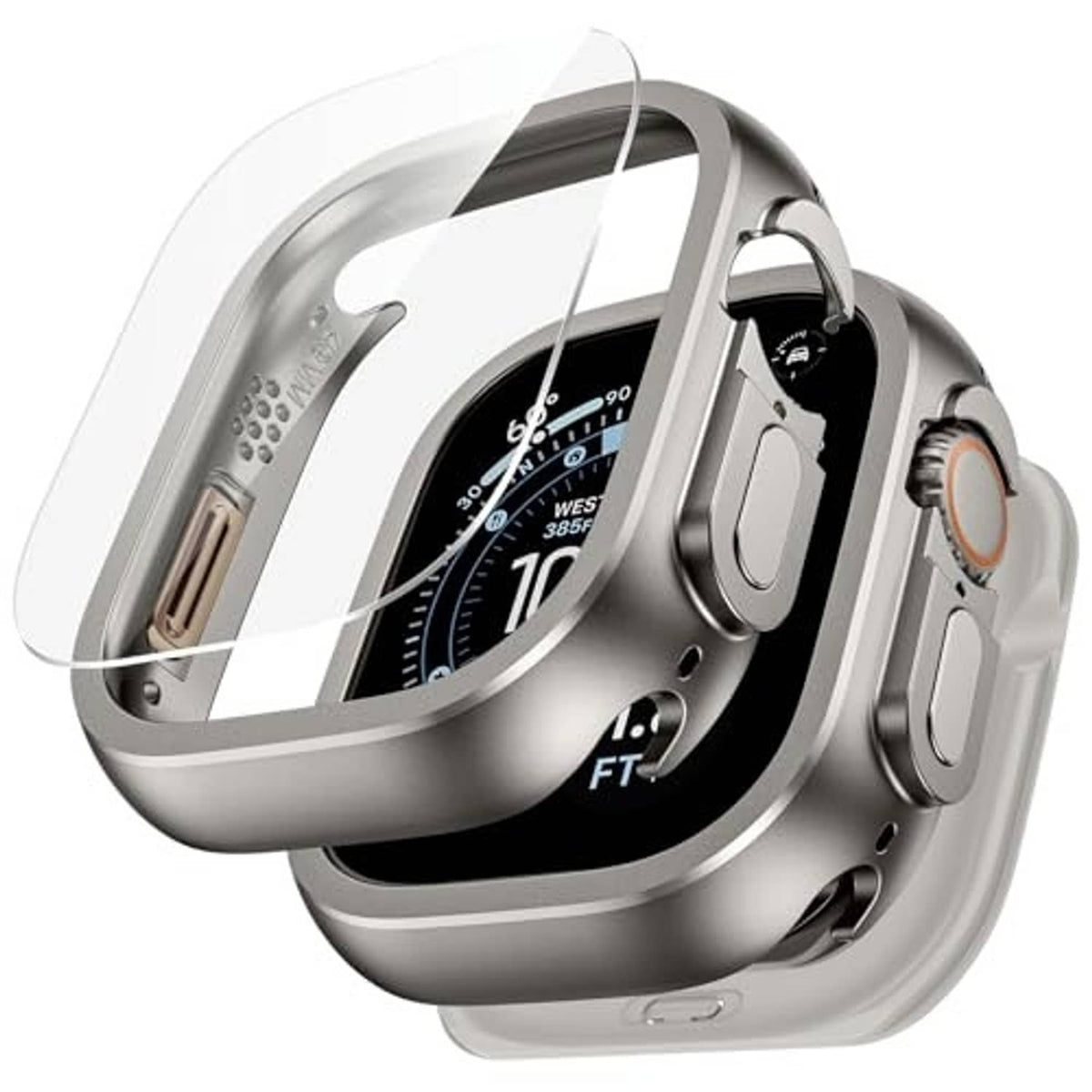 Anti-crack metal watch case with clear screen protector, silver frame close-up