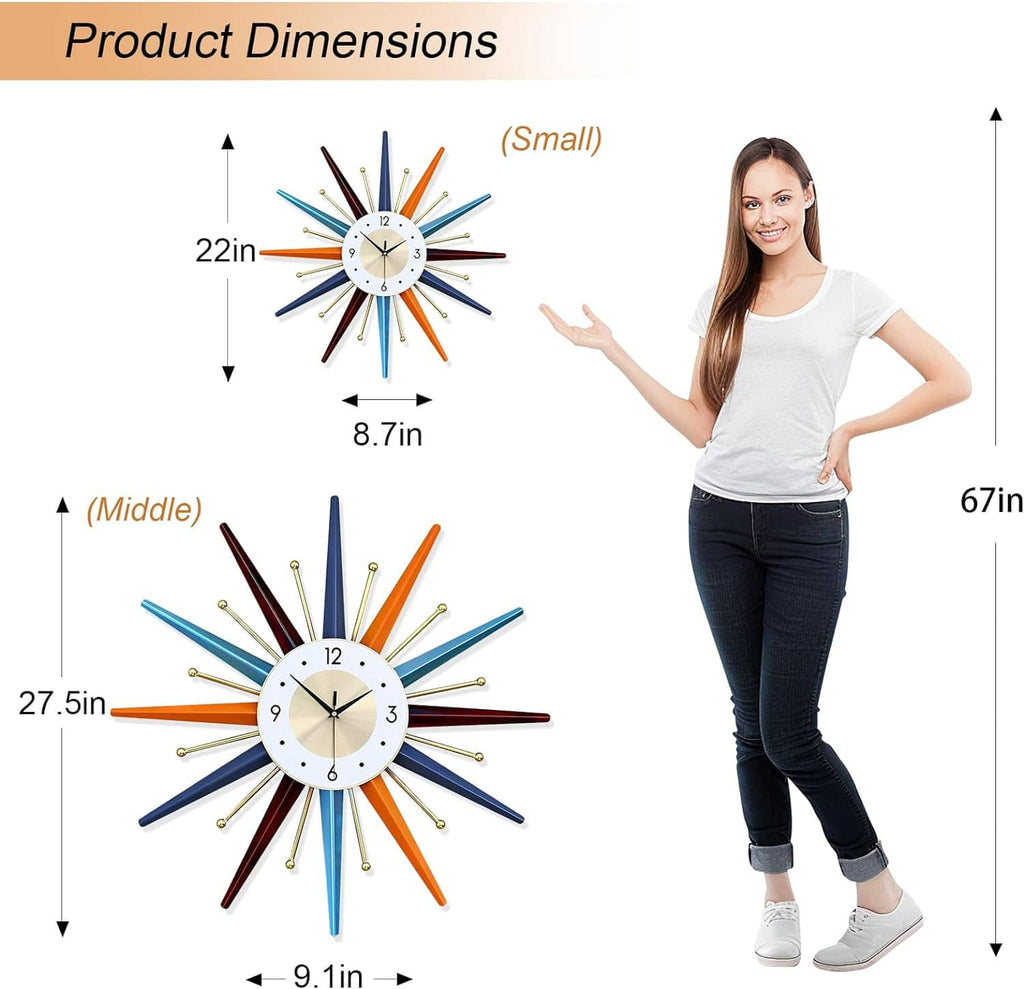 Starburst wall clock with size diagram and model showing 22 in and 27.5 in options.
