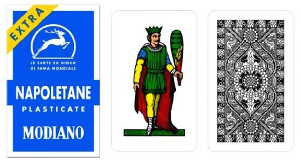 Regional playing cards with illustrated court figure and patterned back, Modiano design
