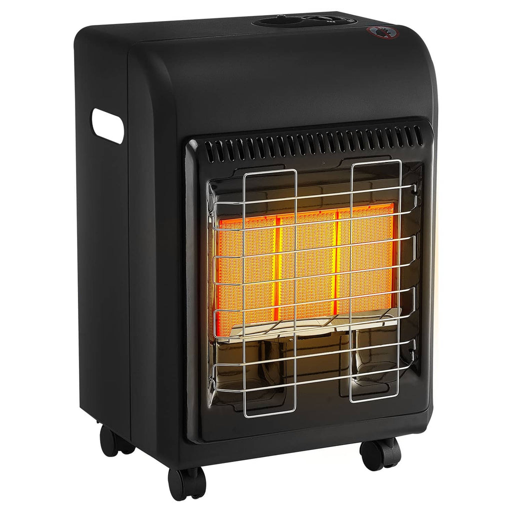 Portable propane heater with glowing orange burner grid and protective front grill