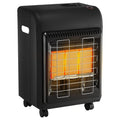 Portable propane heater with glowing orange burner grid and protective front grill