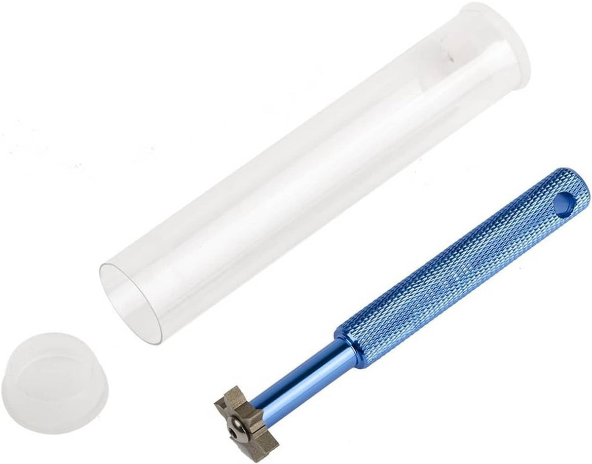 Blue groove sharpener handle with metal star head and white protective cap