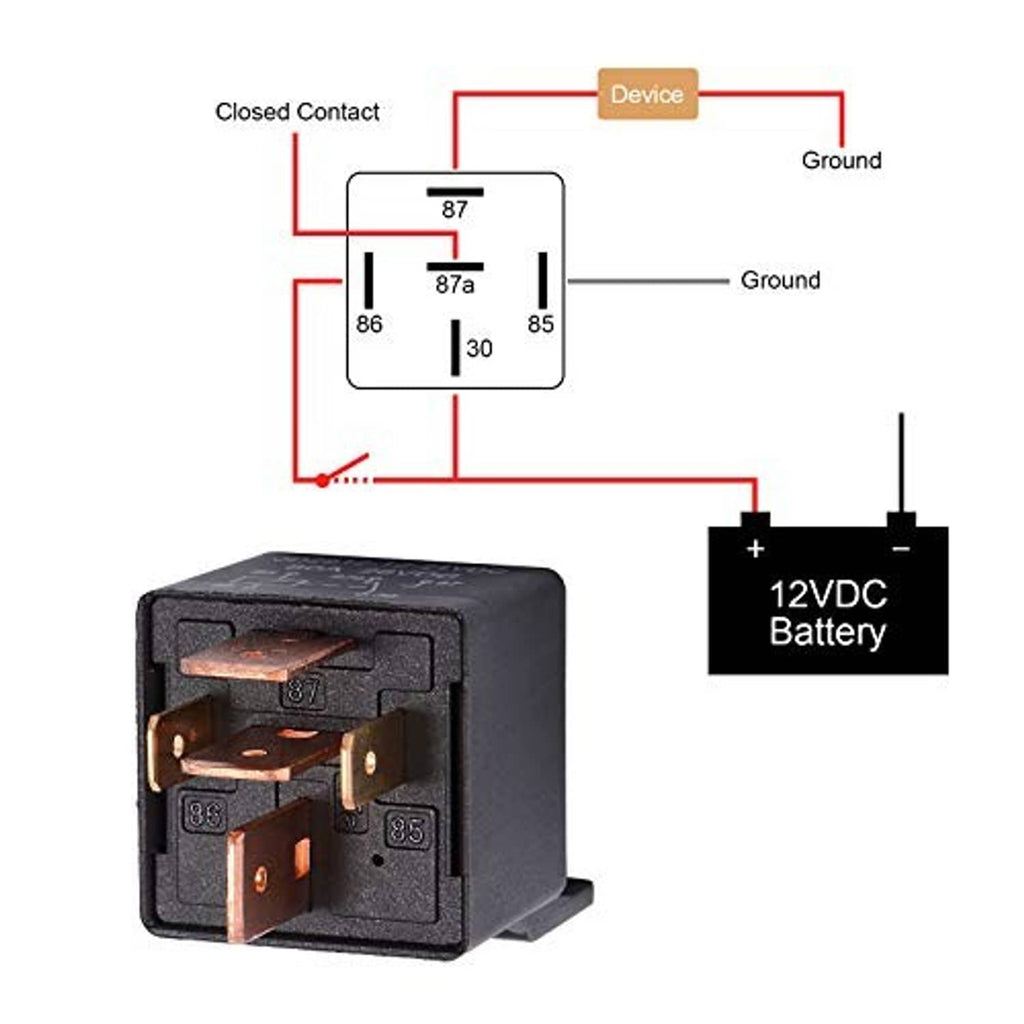 5-pin relay with wiring layout diagram showing ground and battery polarity connections