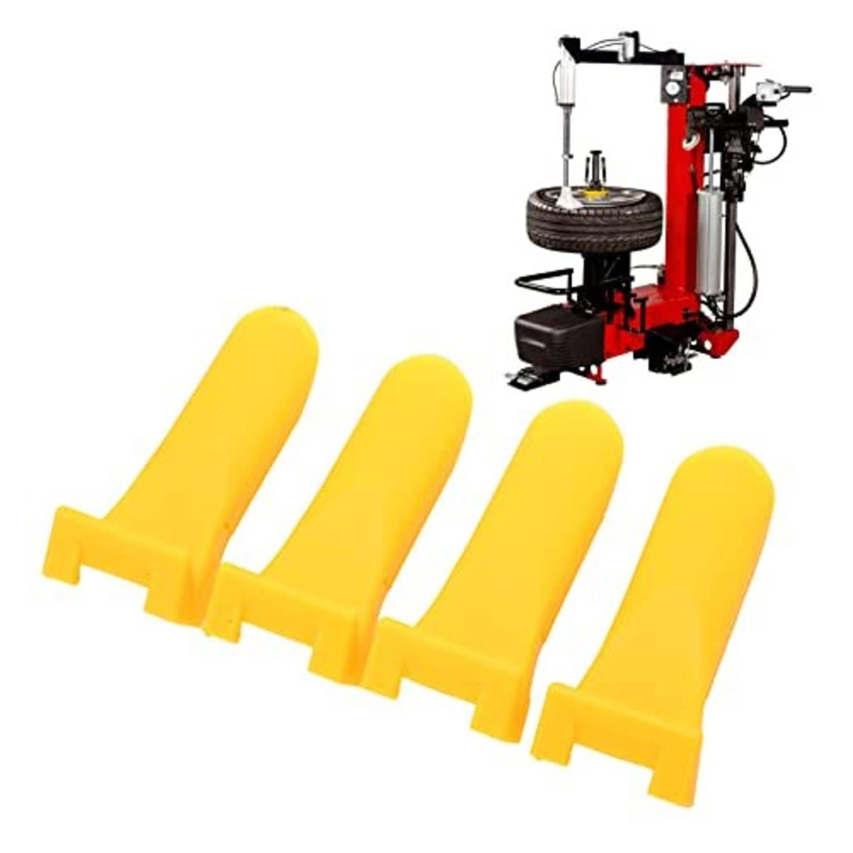 Four yellow plastic wheel rim protectors lined up, curved shape with base tabs