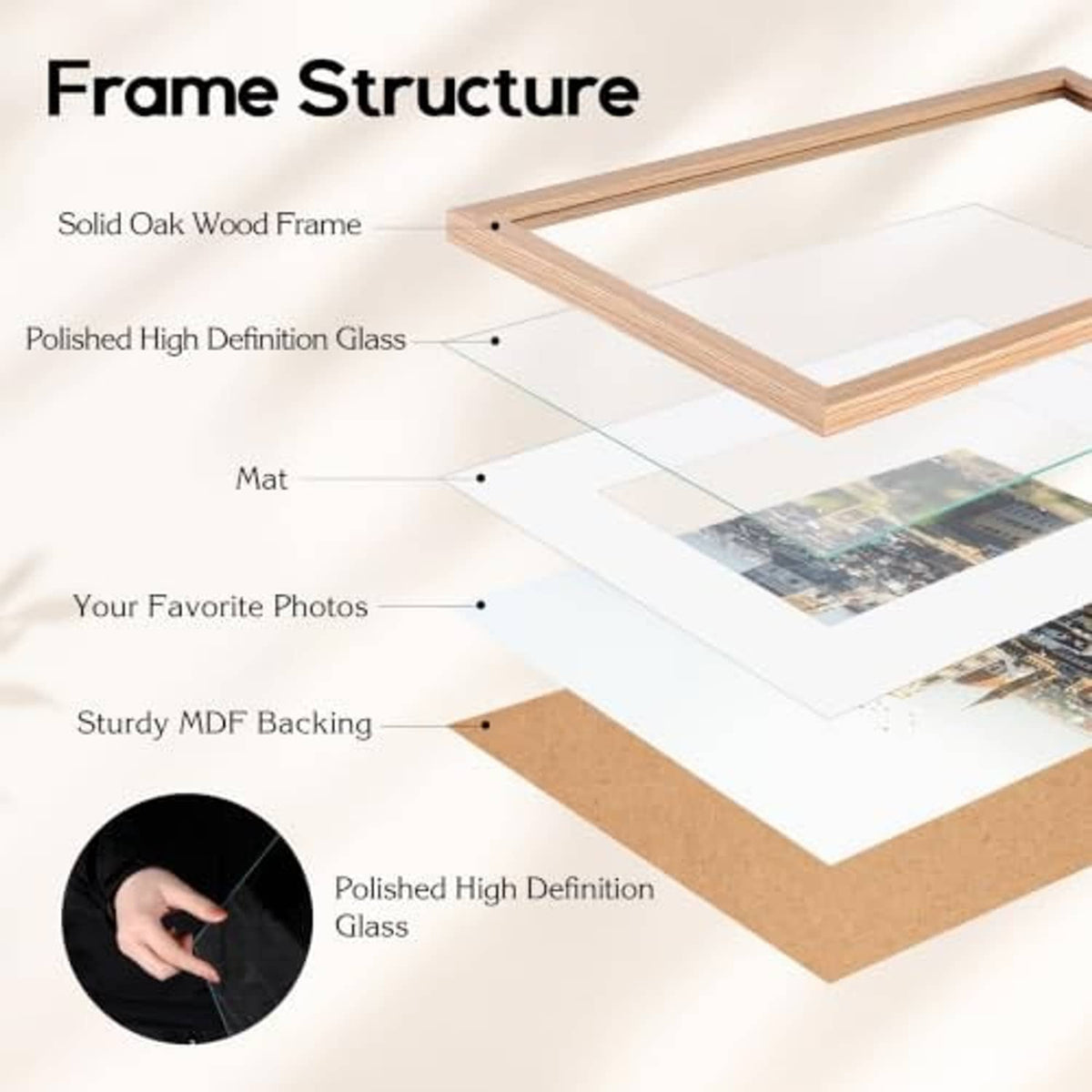 Natural oak photo frame structure with clear glass front and MDF backing