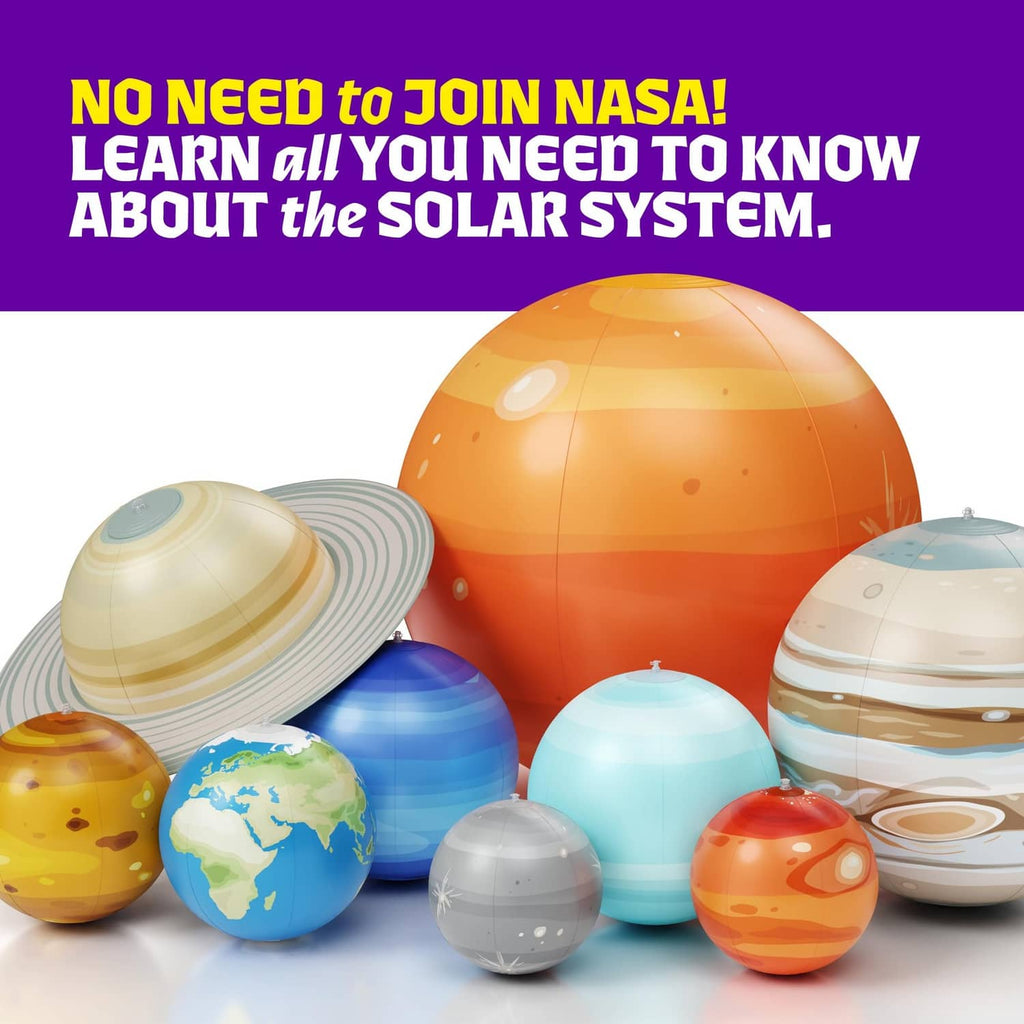 Inflatable solar system planet set with orange planet, striped ring planet, and Earth