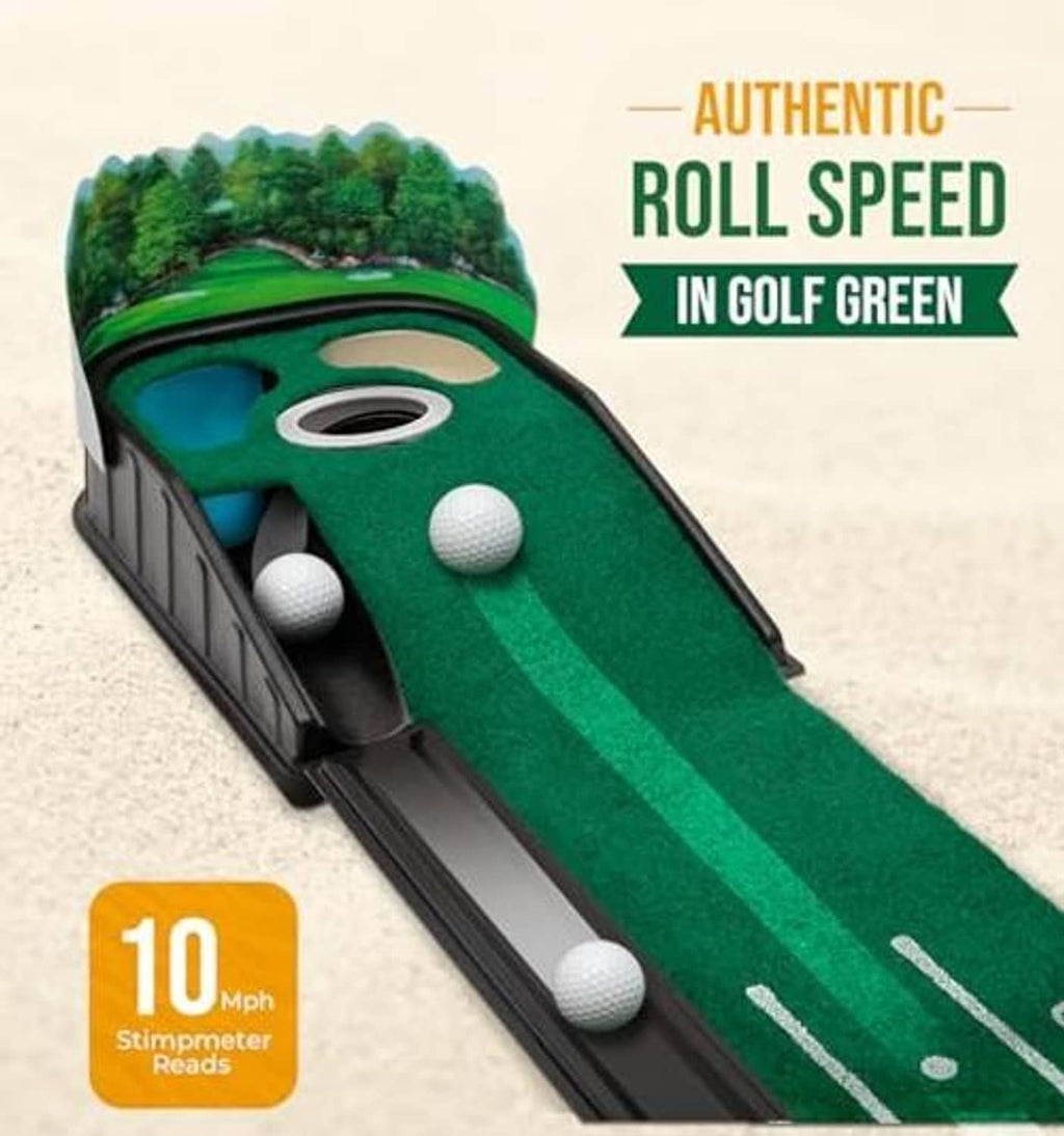 Green golf putting mat section with cup opening, ball path, and embedded balls