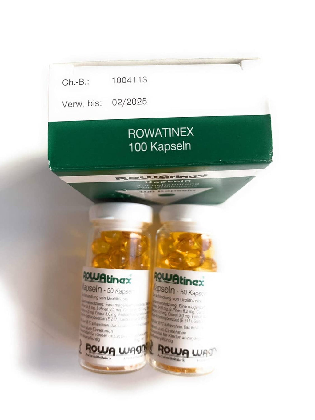 Rowatinex 100 capsule box side with two amber capsule bottles
