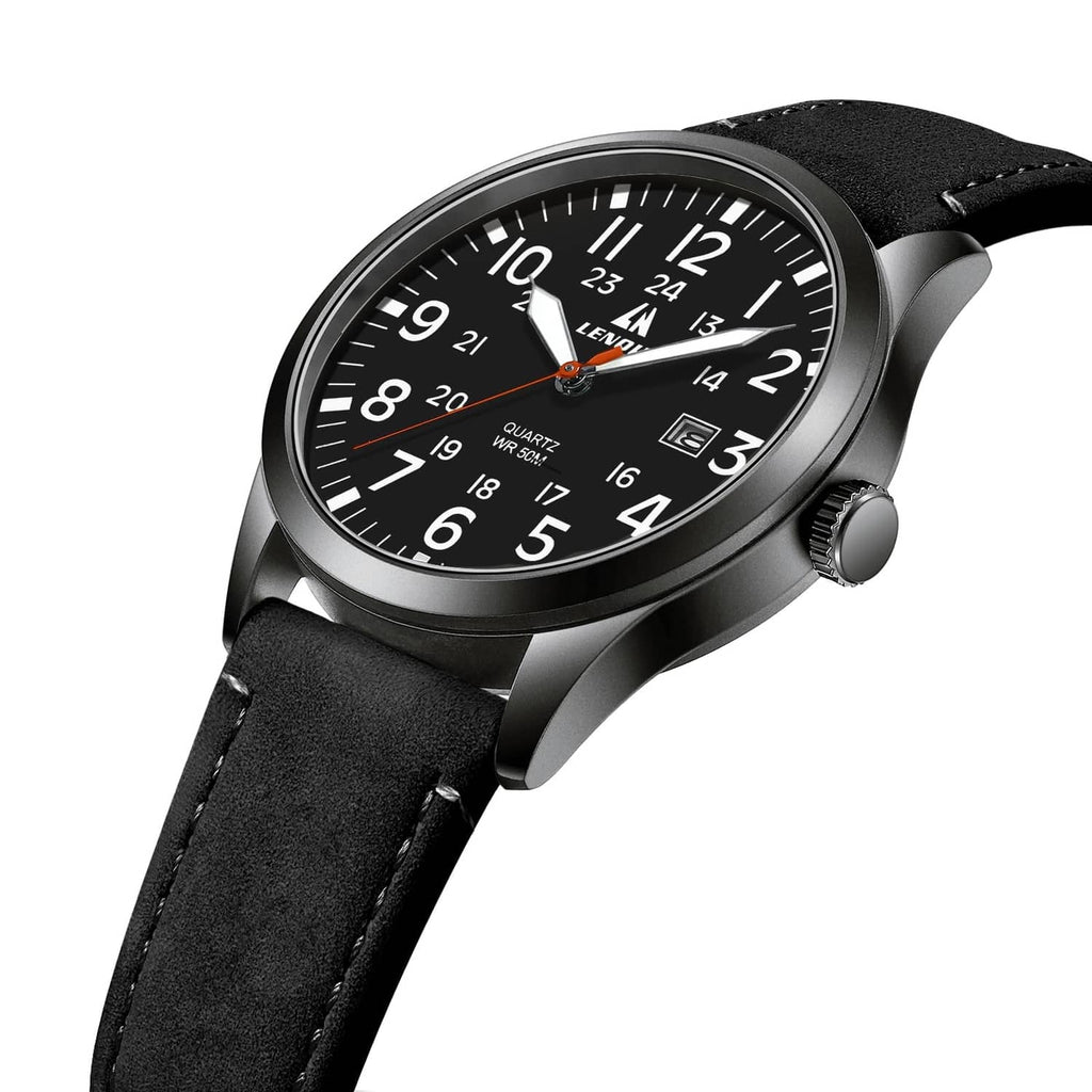 Mens analog sport watch angled view with black dial, black leather strap and knurled crown