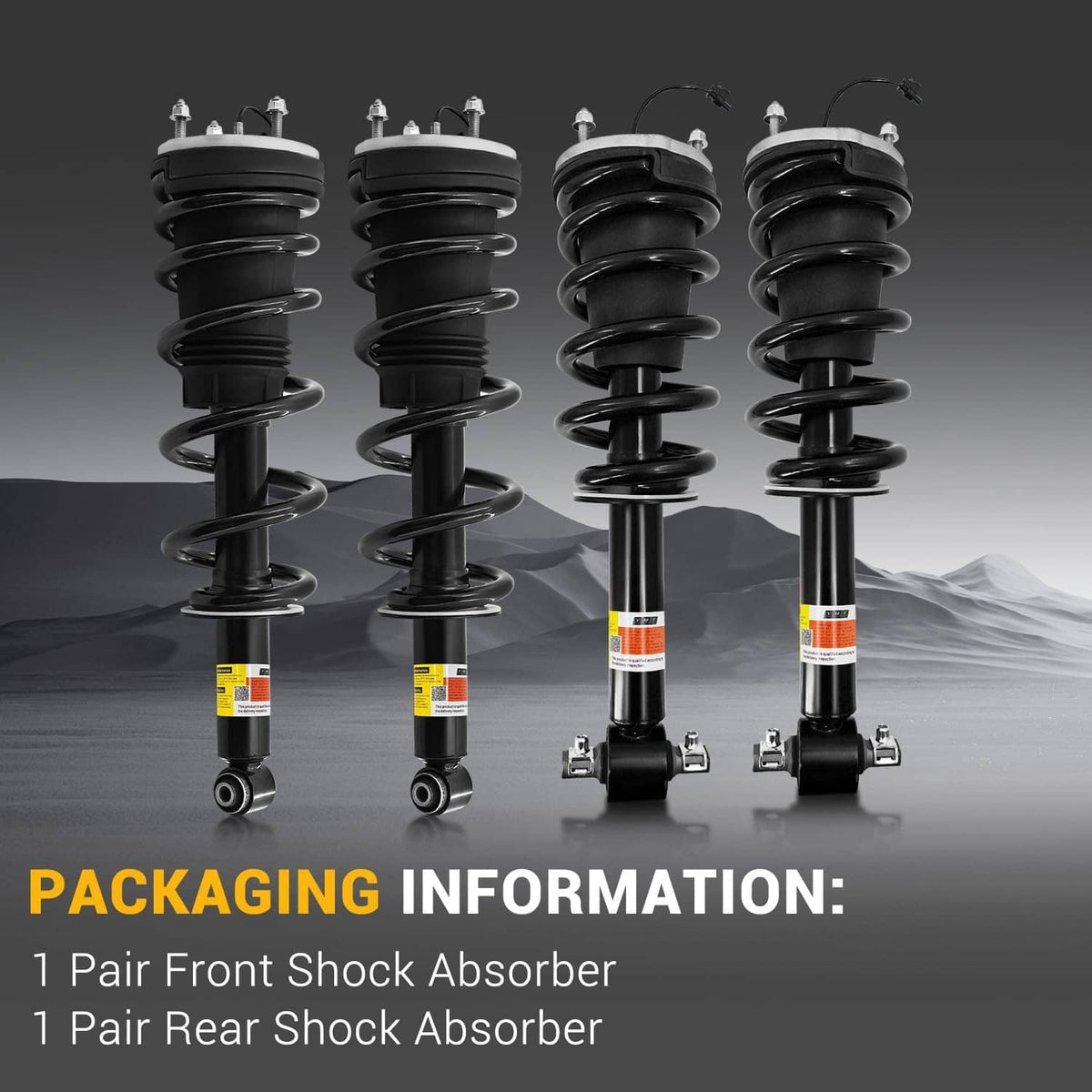 Four black shock absorber struts with coil springs and bottom mounts