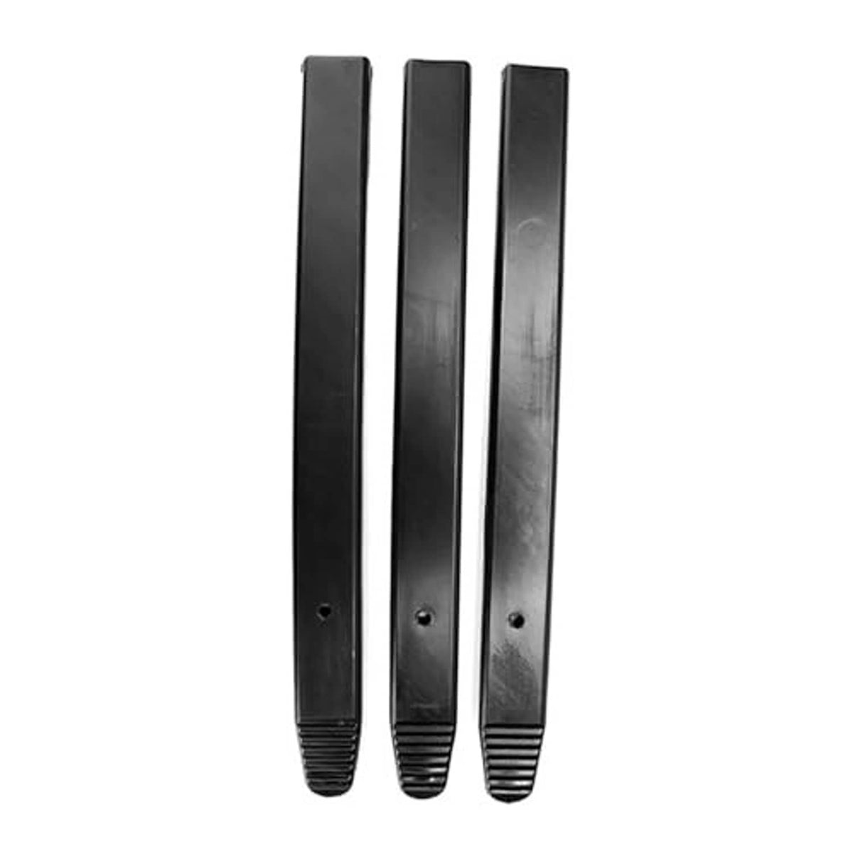 Three vertical black tire pry bar sleeves with ribbed grip ends and holes
