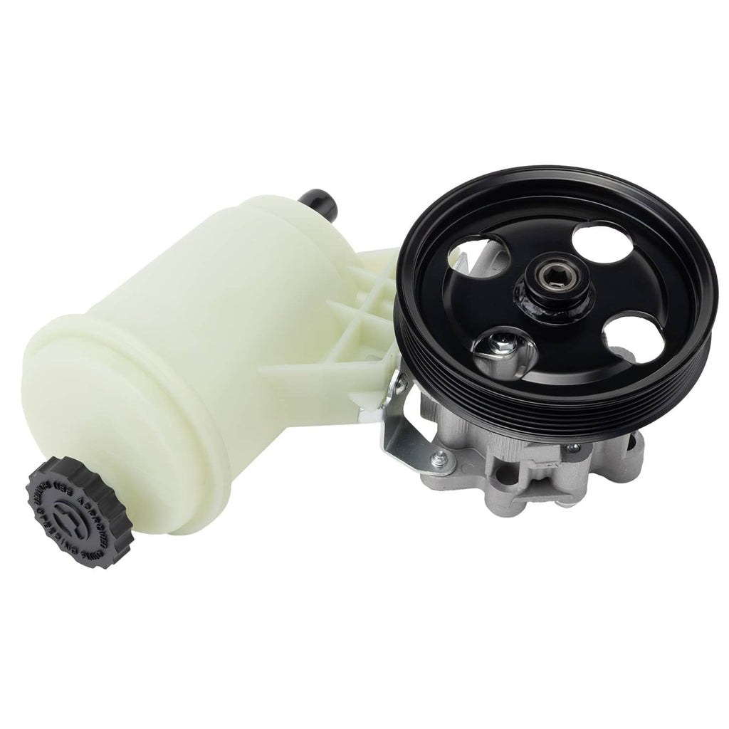 Power steering pump with light-tan reservoir and black pulley, gray mounting bracket