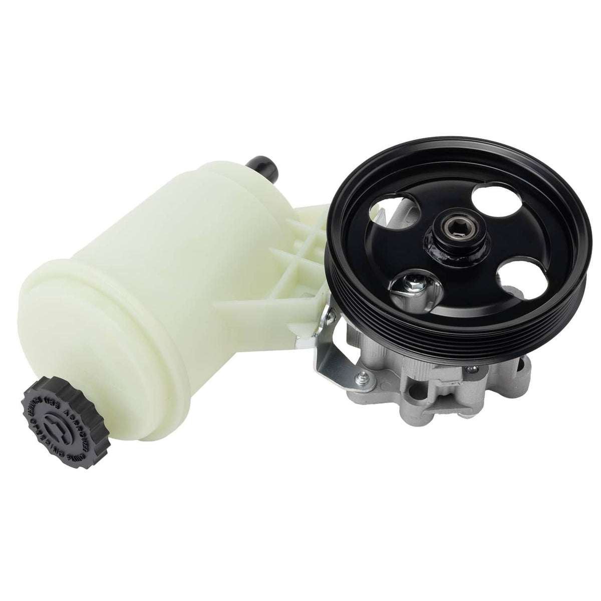 Power steering pump with light-tan reservoir and black pulley, gray mounting bracket