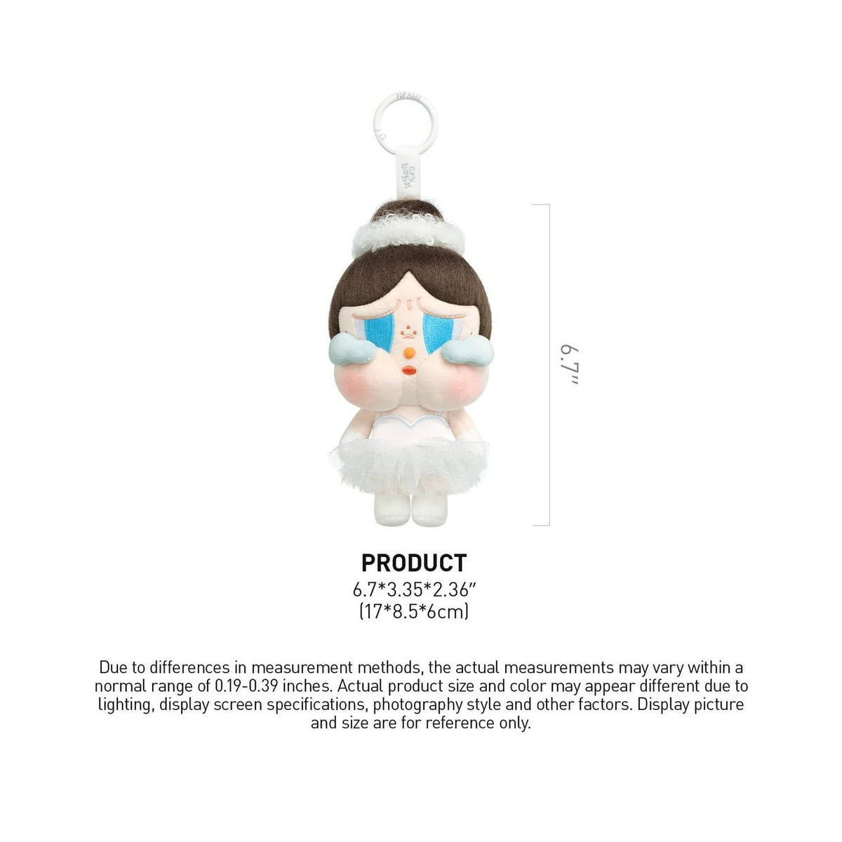 Plush keychain pendant with hanging loop and product size guide layout