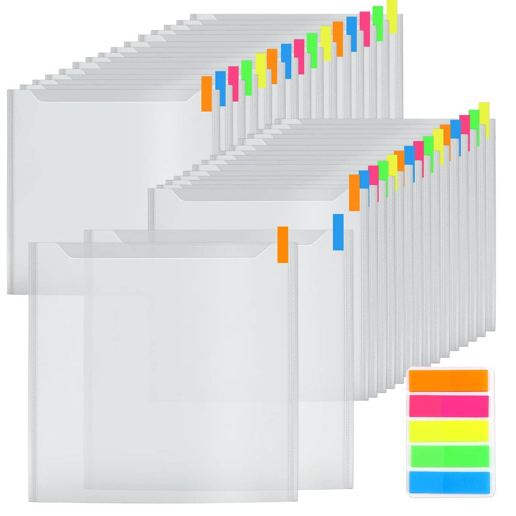 Clear scrapbook paper storage folders with colorful index tab labels, stacked in rows