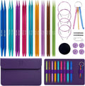 Interchangeable square knitting needle set with colorful needles and purple storage case