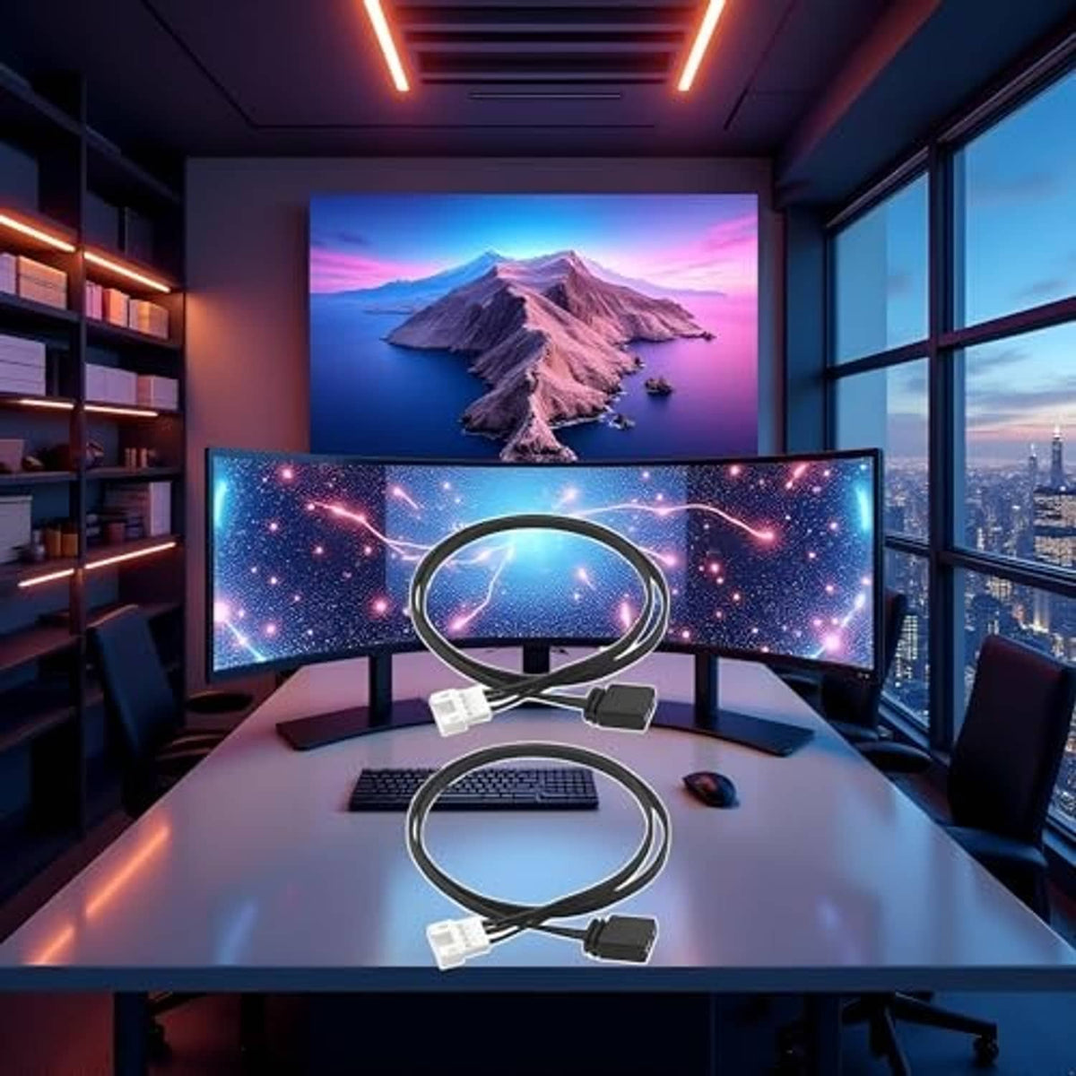 ARGB 4-pin to 5V 3-pin conversion cable connected on dual monitor setup