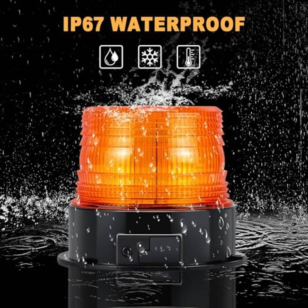 Amber waterproof strobe beacon light with black base and water droplets