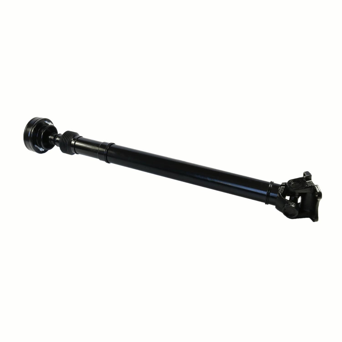 Front drive shaft with splined section and axle flange yoke, black finish