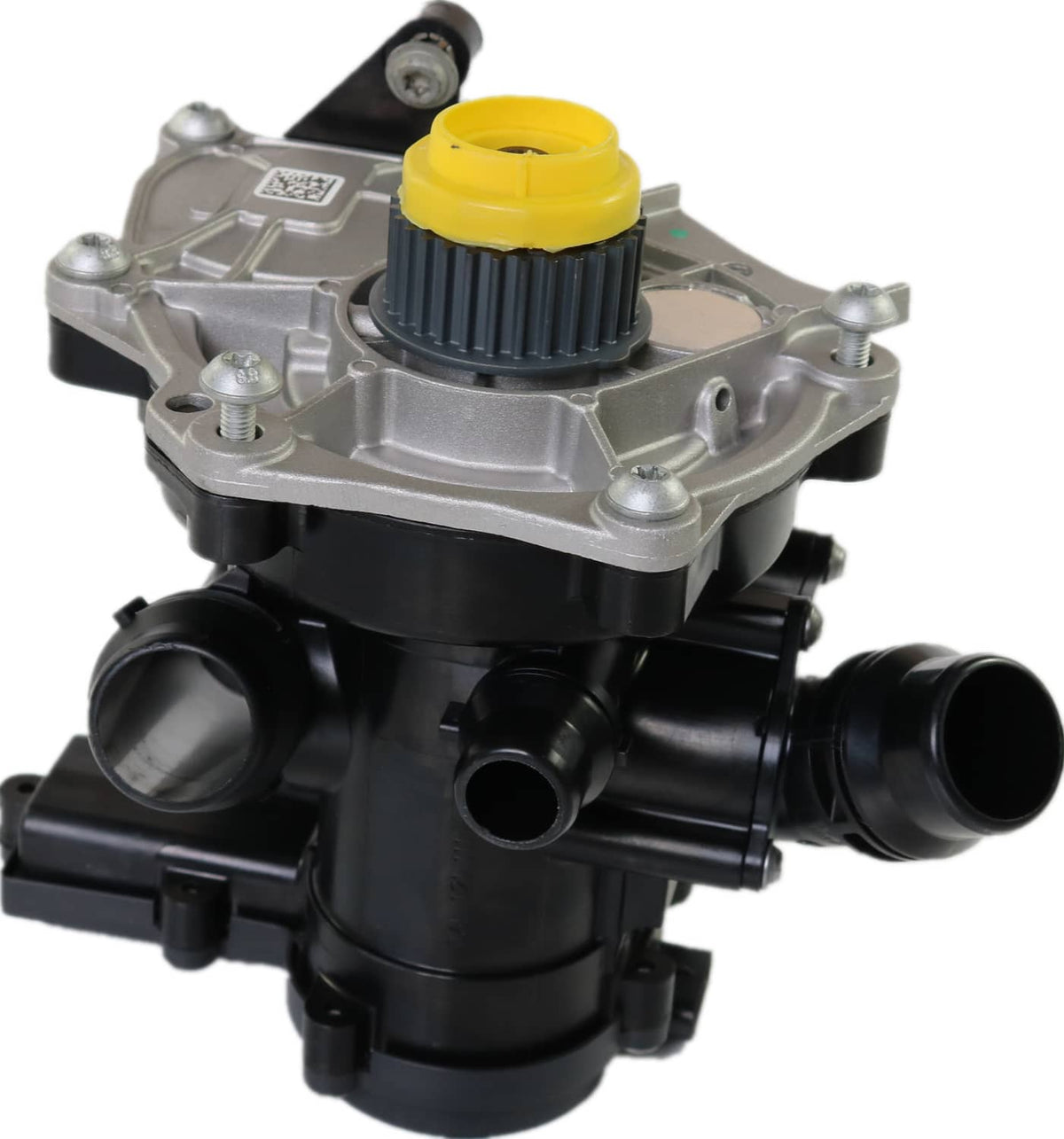 Water pump thermostat housing assembly with yellow cap and black coolant ports