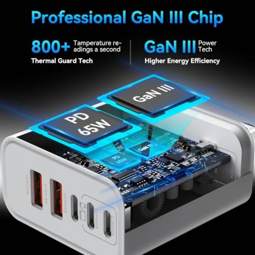 White USB-C charger cube with exposed internal circuit board and visible side ports.
