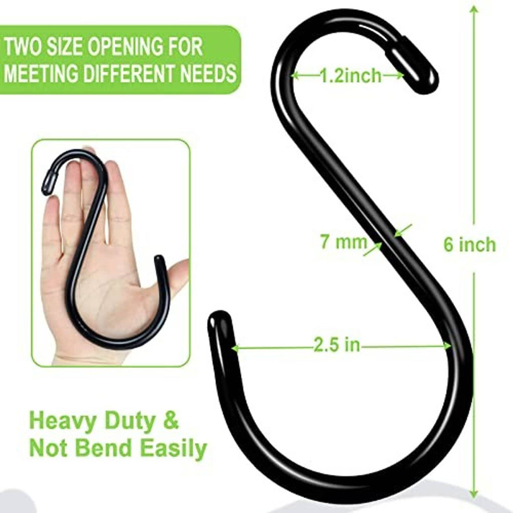 Black 6-inch S hook showing openings (1.2 in and 2.5 in), heavy duty curved hook