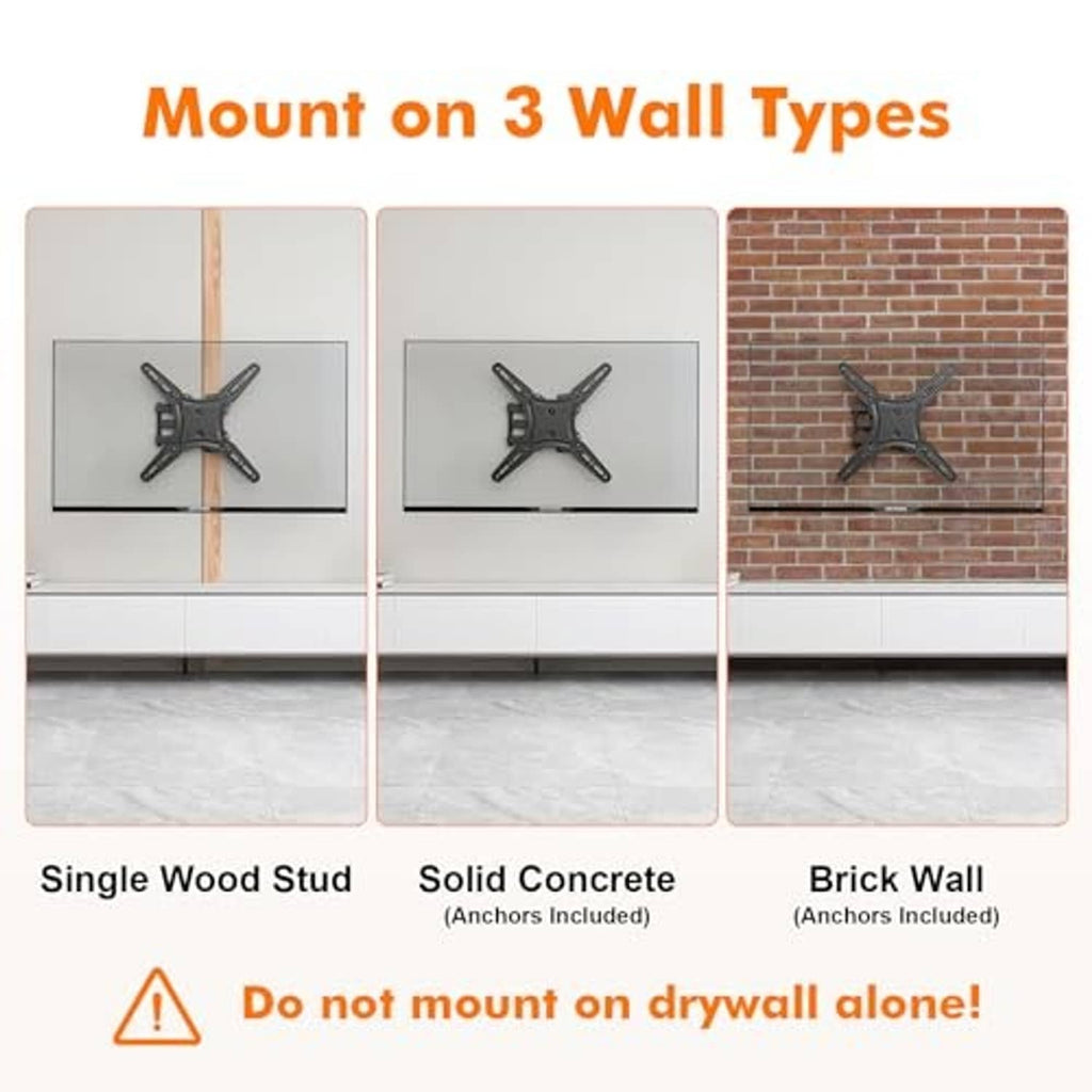 Black full-motion TV wall mount bracket for wood stud, concrete, or brick walls