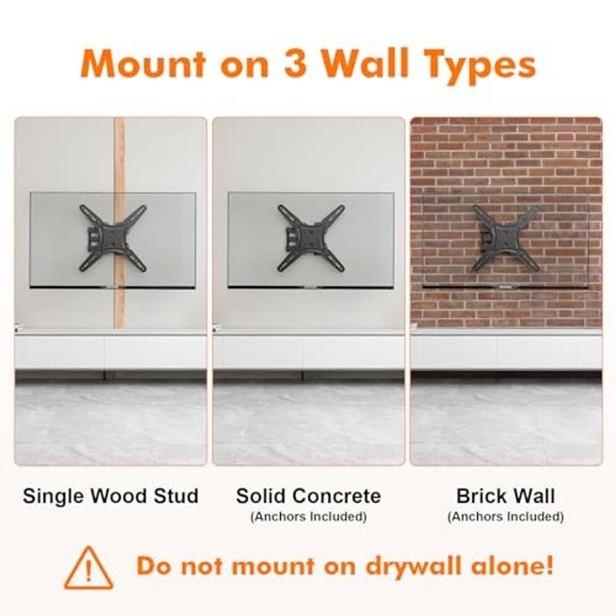 Black full-motion TV wall mount bracket for wood stud, concrete, or brick walls