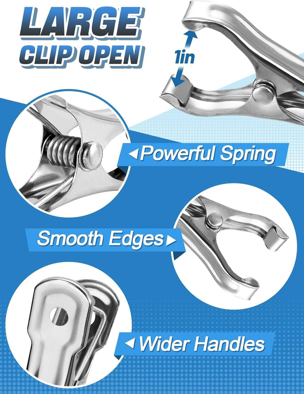 Stainless steel open clamp set, showing spring mechanism and smooth edges.