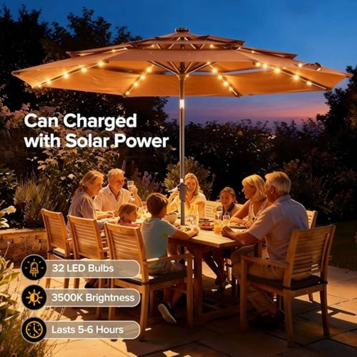 Beige patio umbrella with warm LED lights across the canopy