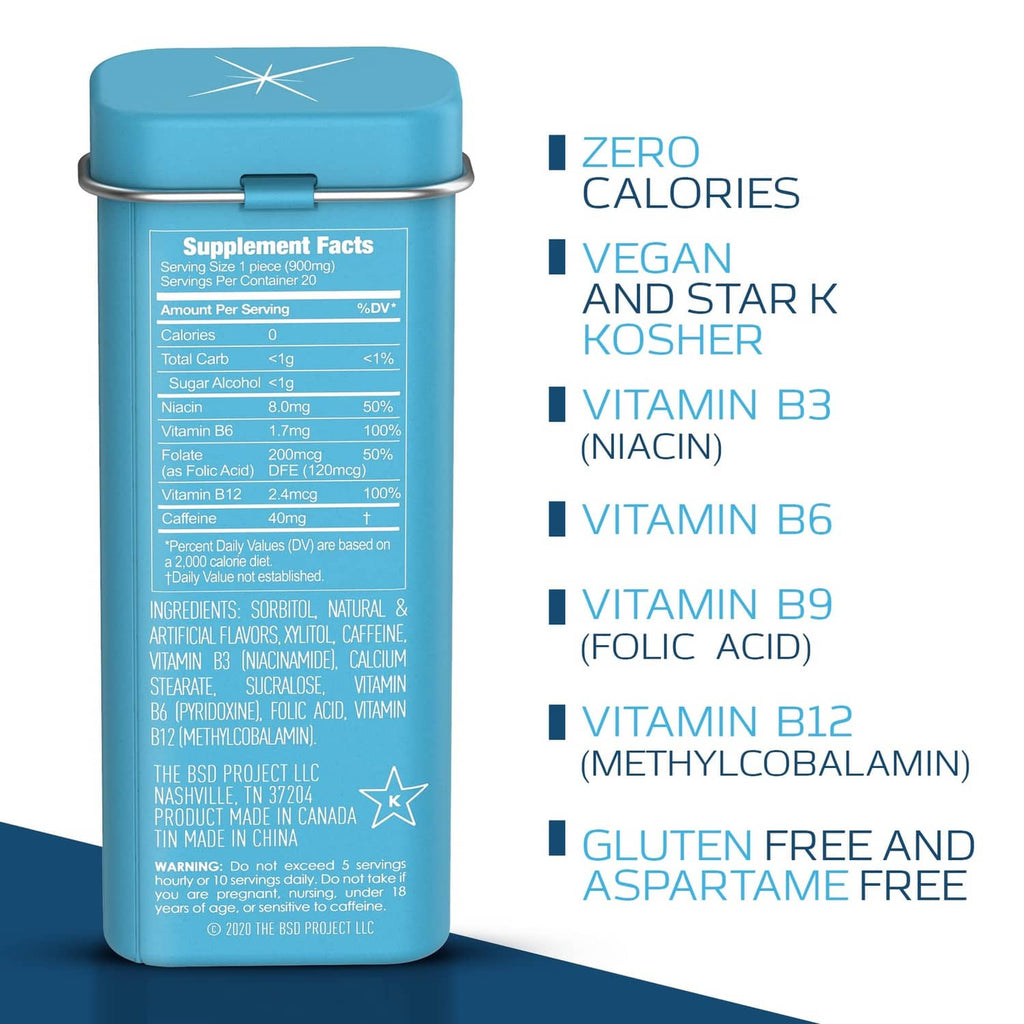 Viter Energy wintergreen caffeinated mints tin back with Supplement Facts and vitamins