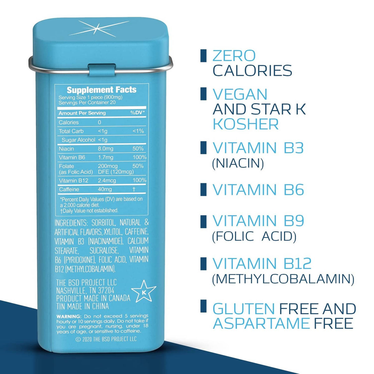 Viter Energy wintergreen caffeinated mints tin back with Supplement Facts and vitamins