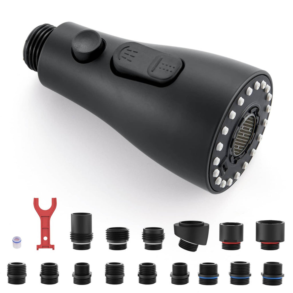 Matte black pull-down kitchen faucet sprayer head replacement, compact handheld nozzle.