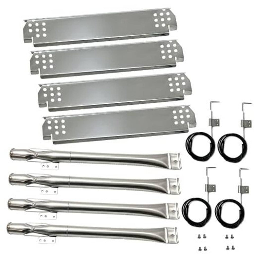 Grill burner heat plates and igniter kit with metal burners, wire rings, brackets